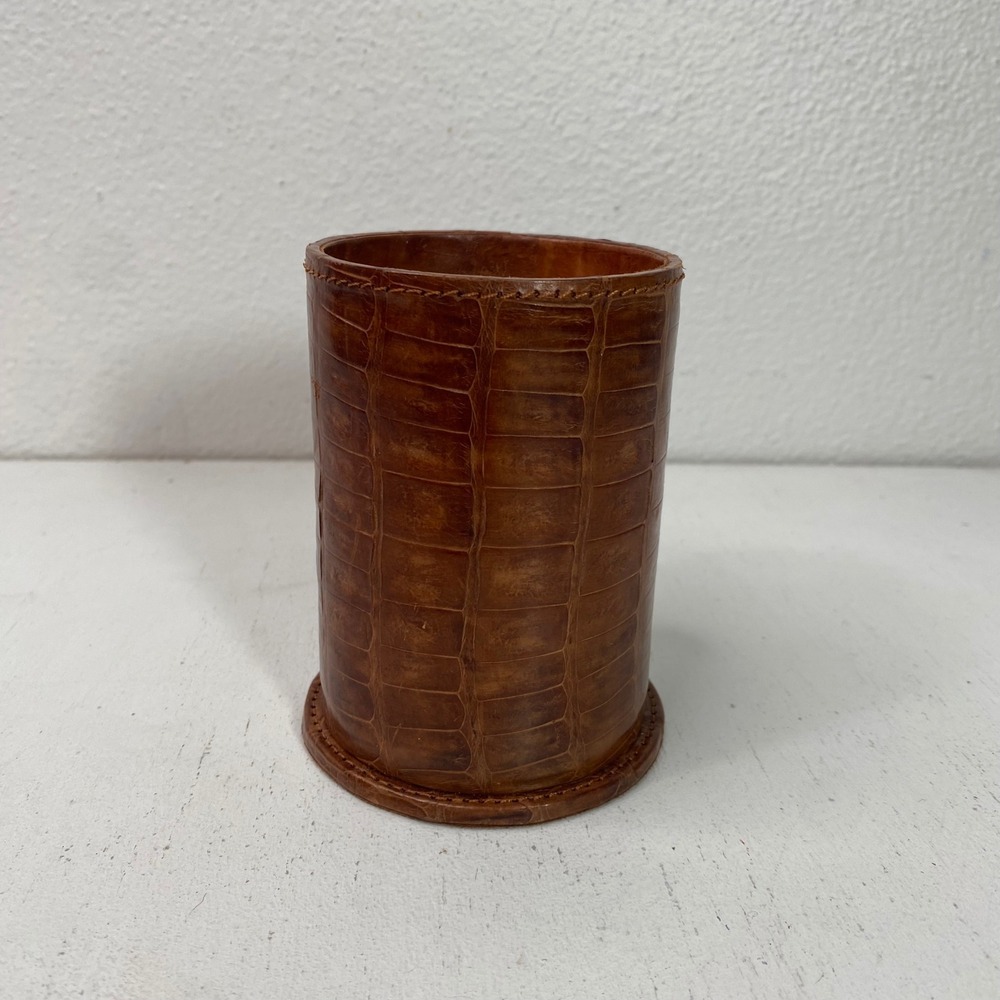 Vintage Croc Embossed Leather Can Coozie Pen Holder Cognac Brown Desk Accessory